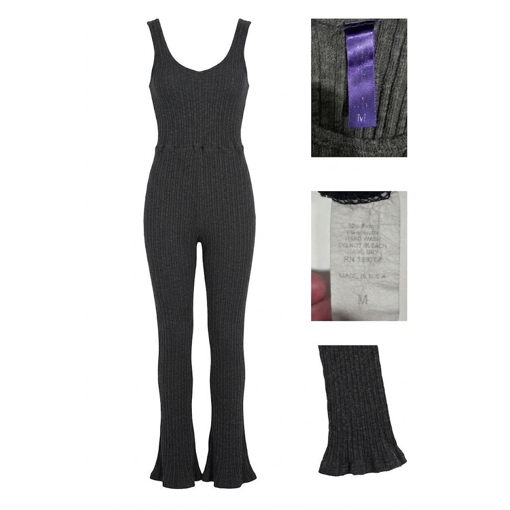 Womens M Ribbed Jumpsuit USA Made Black Flare Leg Catsuit Bodysuit Loungewear